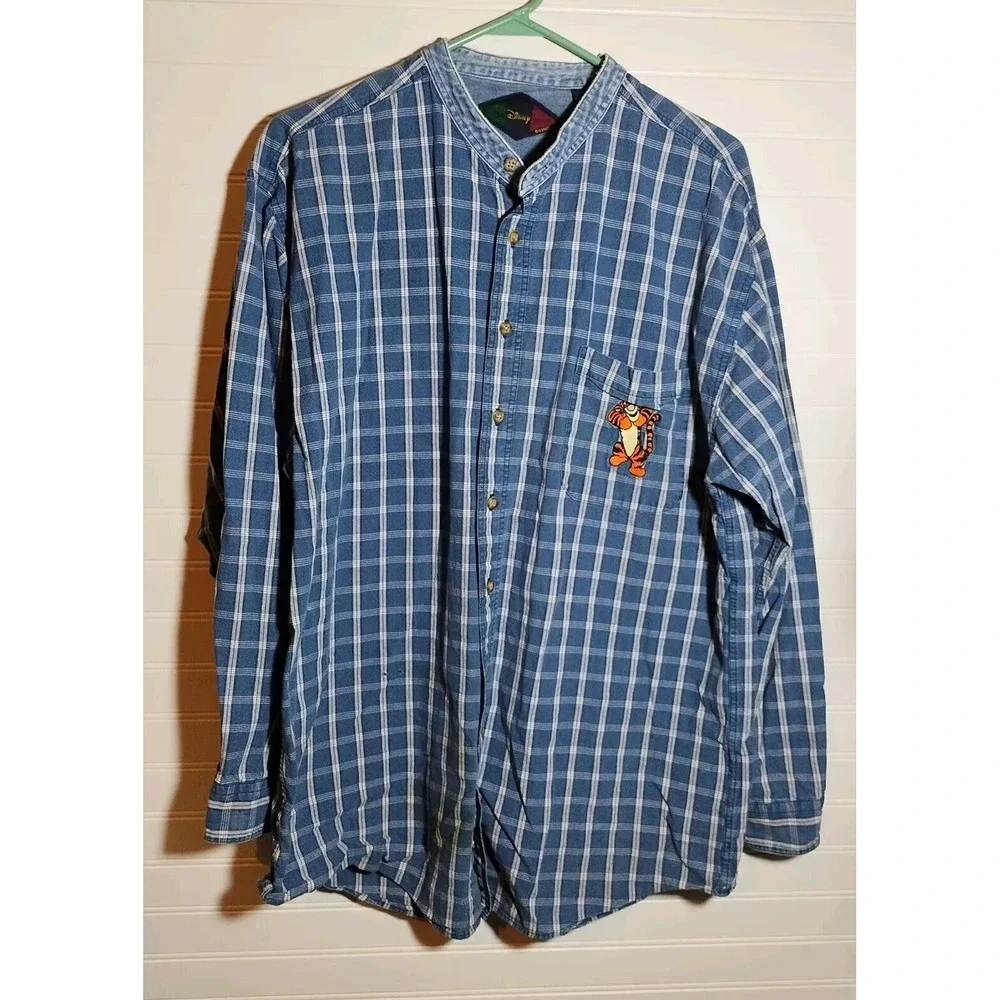 Vintage‎ 90s Disney Tigger Embroidered Denim Distressed Button Up Shirt Mens Lg